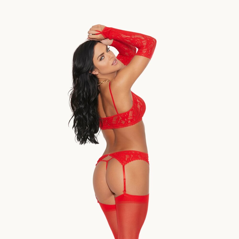 Red Lace Bralette Lingerie Set Garter Belt Gloves G-String 4pc Set - Picture 3 of 9
